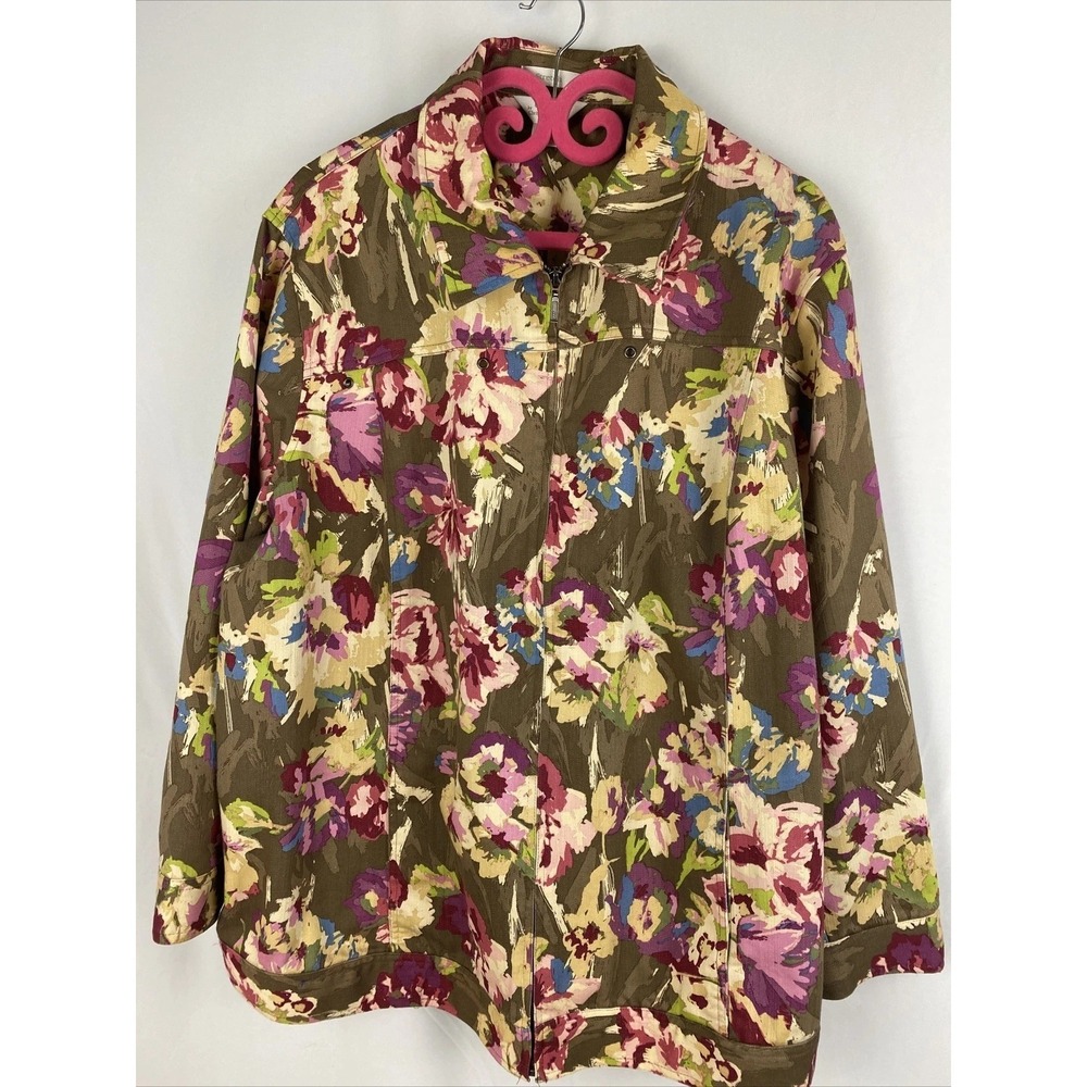 CJ Banks 3X zip up jacket XPockets Denim Coat Floral Print Colorful